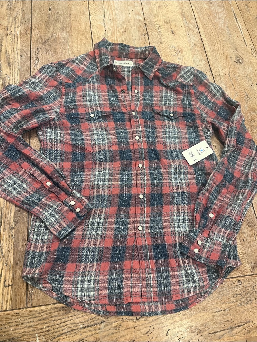 Lucky Brand Lucky Indigo Plaid Flannel Pearl Snap ButtonShirt Red/Black S Preppy